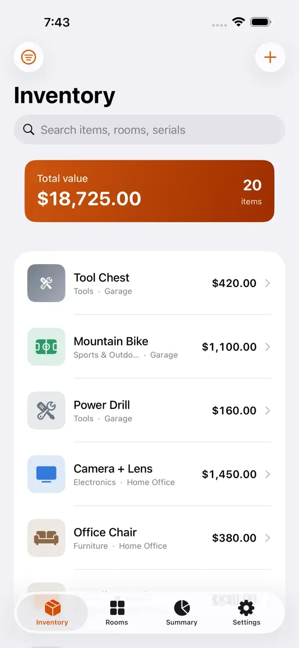 Hearthkeep inventory screen listing cataloged household items with photos and recorded values.