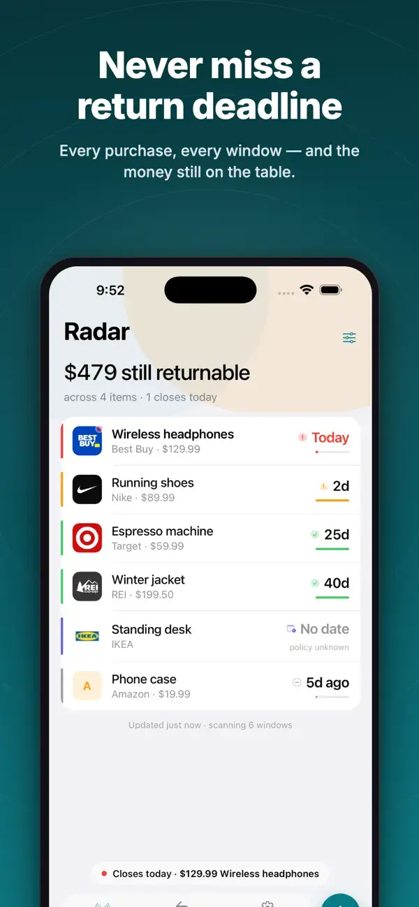 Return Window Radar home screen listing purchases with return deadlines and amounts still recoverable.